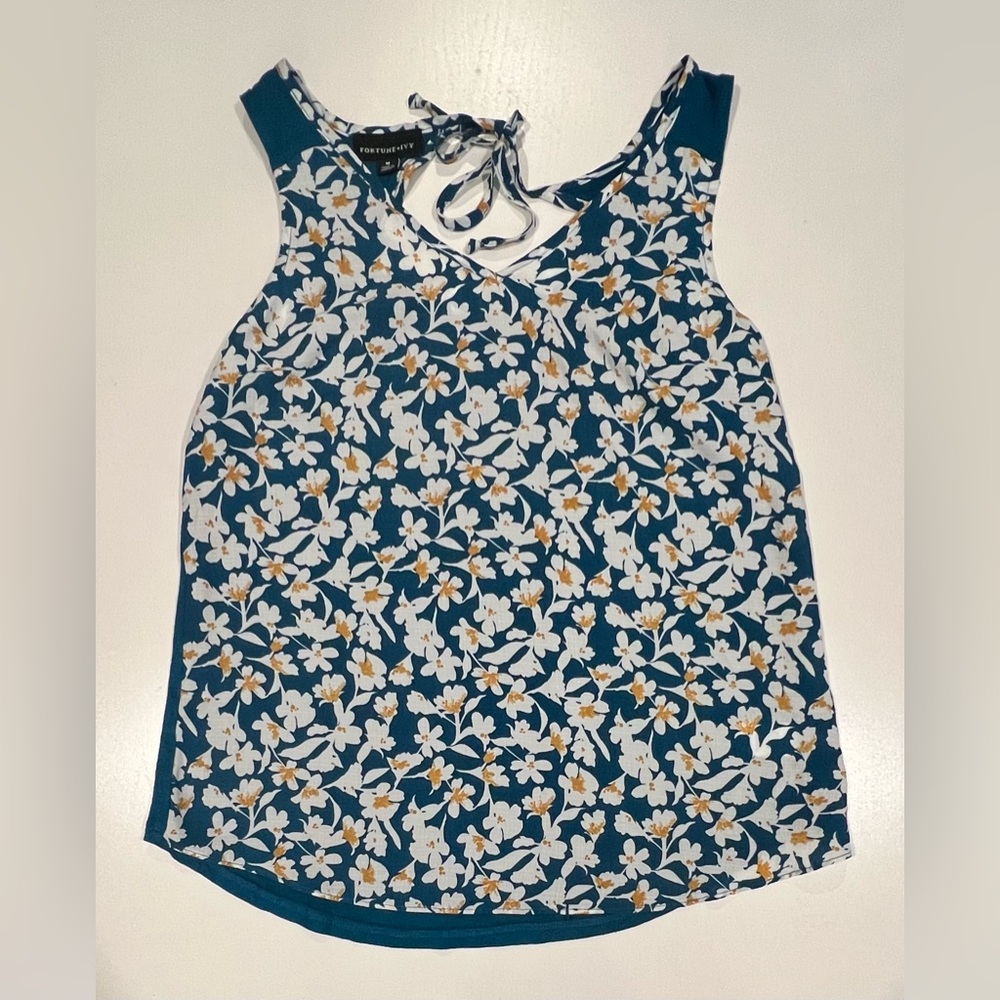 StitchFix Fortune & Ivy: Cheylee Tie Back Sleeveless Top: Teal w Flower Print: M